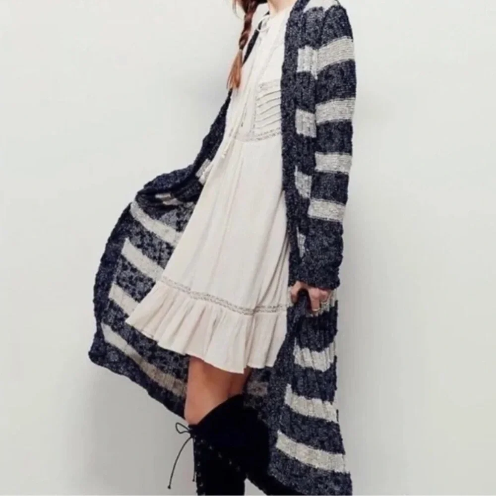 Free People Navy Blue Oatmeal Striped Free Spirit Open Front Duster Cardigan - Picture 2 of 10